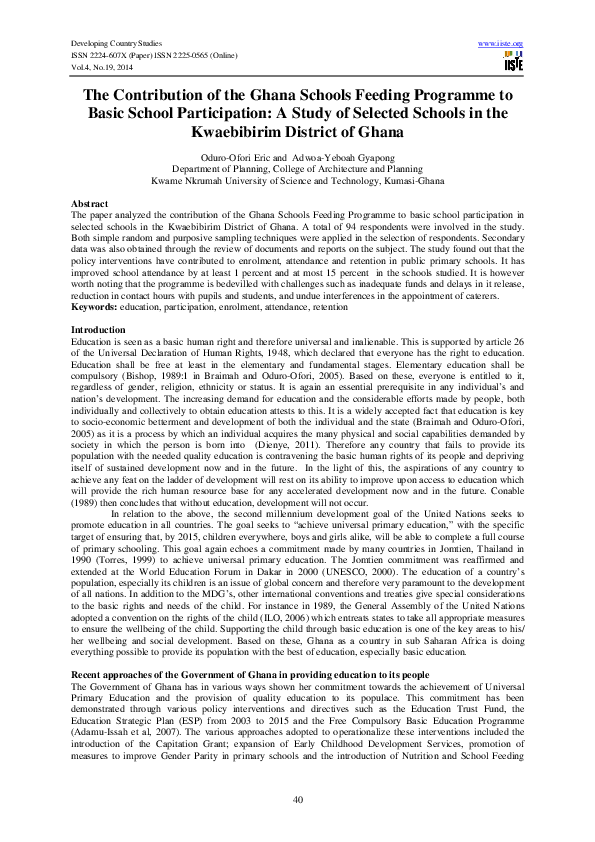 (PDF) The Contribution of the Ghana Schools Feeding Programme to Basic