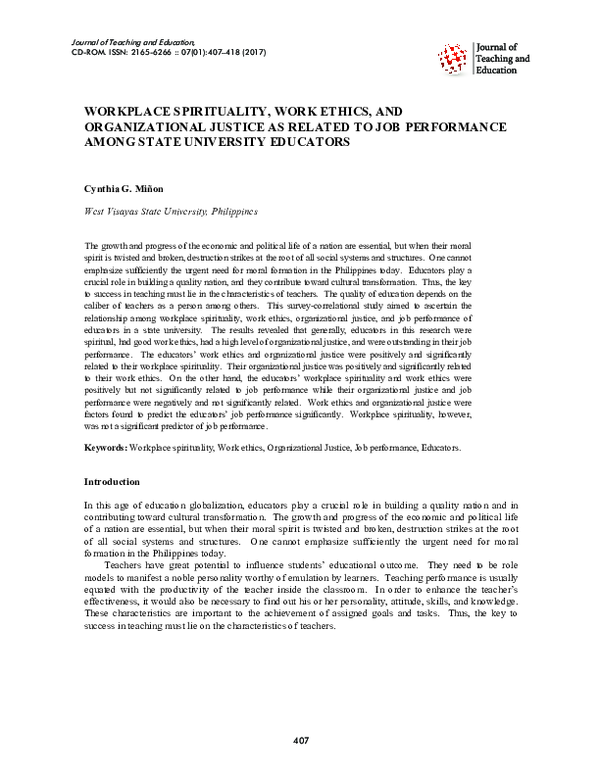 (PDF) WORKPLACE SPIRITUALITY, WORK ETHICS, AND ORGANIZATIONAL JUSTICE ...