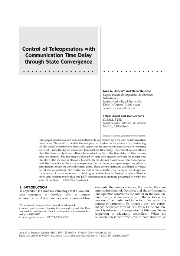 (PDF) Control of Teleoperators with Communication Time Delay through ...