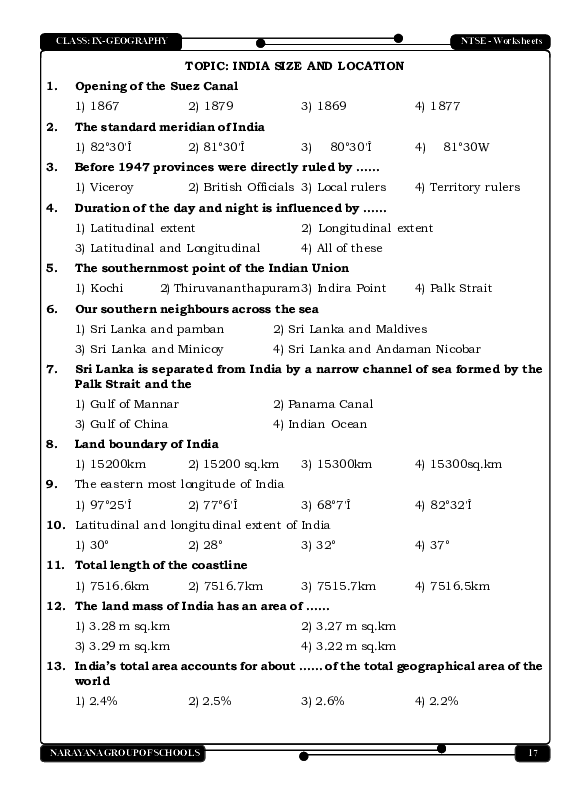 (PDF) NARAYANA GROUP OF SCHOOLS CLASS IXGEOGRAPHY NTSE Worksheets