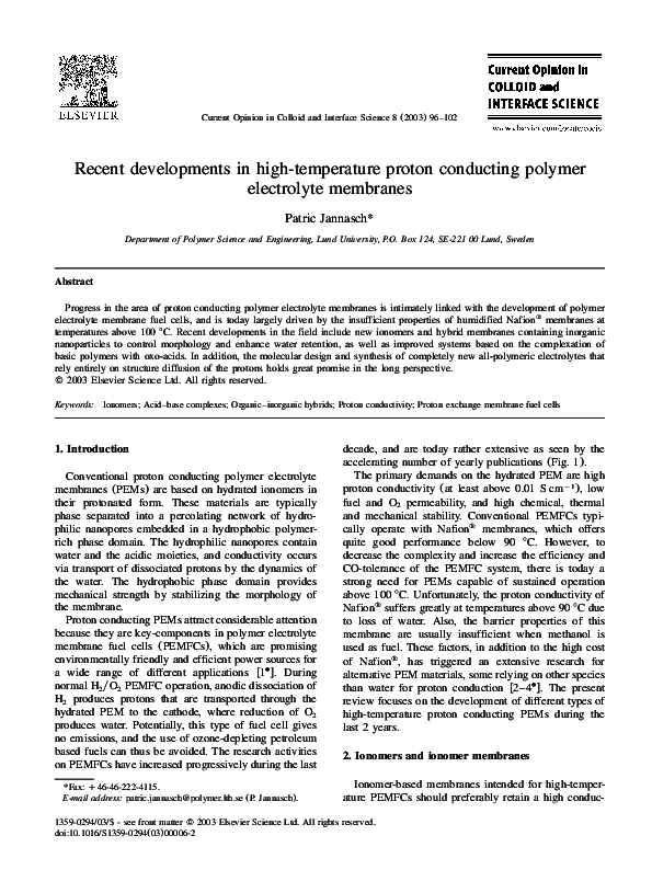  PDF Recent Developments In High temperature Proton Conducting Polymer 