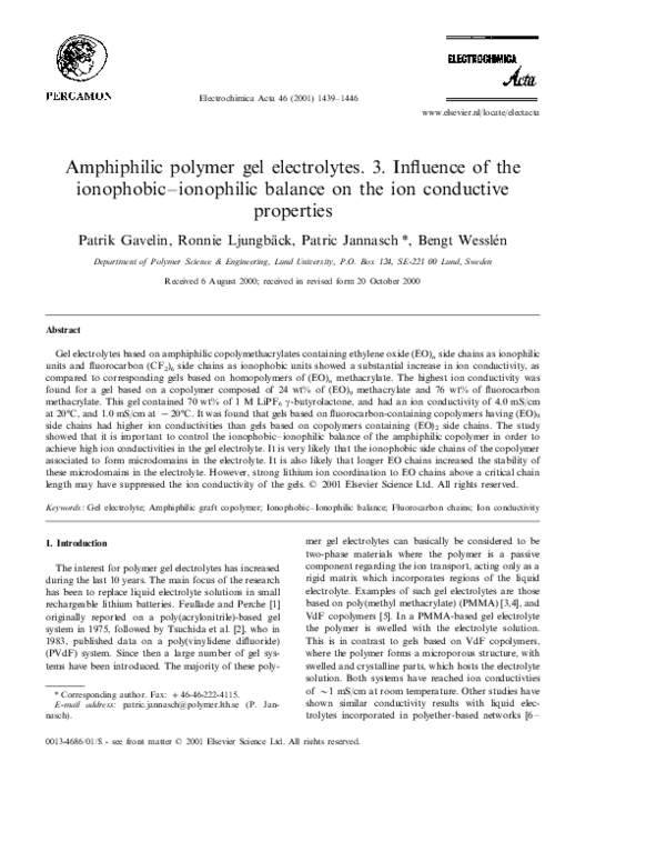  PDF Amphiphilic Polymer Gel Electrolytes 3 Influence Of The 