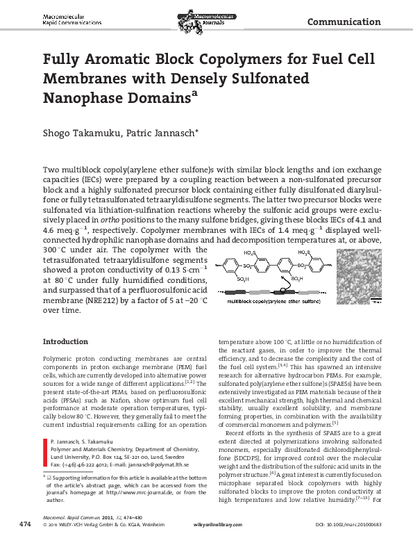  PDF Fully Aromatic Block Copolymers For Fuel Cell Membranes With 