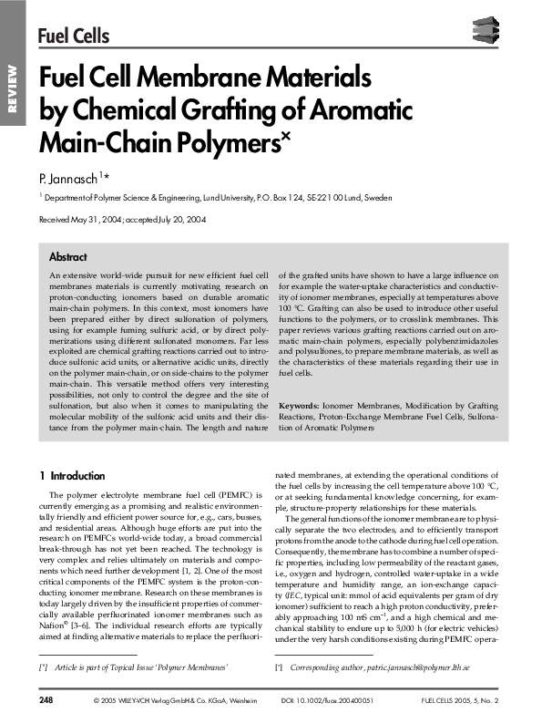  PDF Fuel Cell Membrane Materials By Chemical Grafting Of Aromatic 