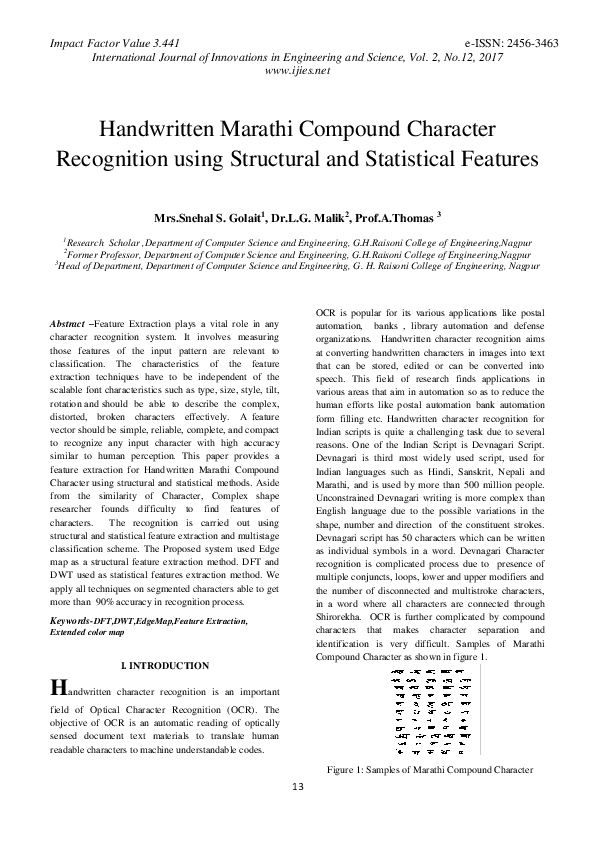 Pdf Handwritten Marathi Compound Character Recognition Using Structural And Statistical Features International Journal Of Innovations In Engineering And Science Issn 2456 3463 Ijies Academia Edu