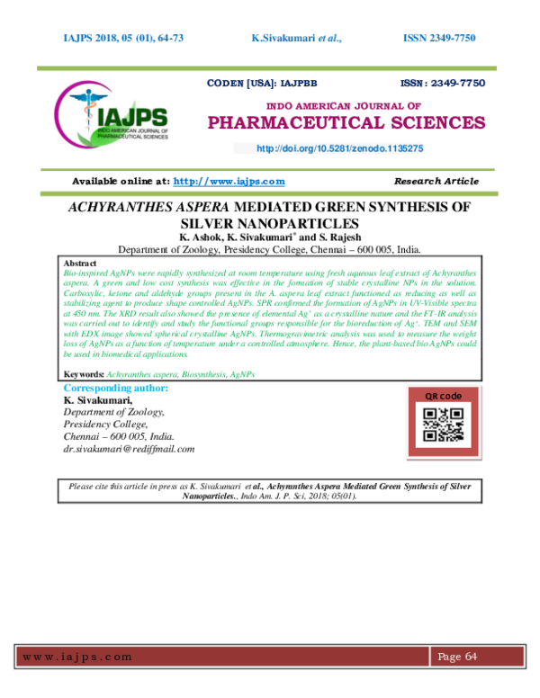 (PDF) ACHYRANTHES ASPERA MEDIATED GREEN SYNTHESIS OF SILVER NANOPARTICLES