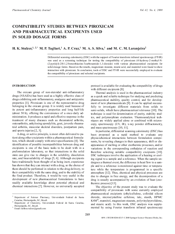 (PDF) Compatibility studies between piroxicam and pharmaceutical ...