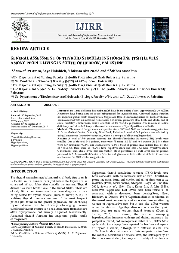 (PDF) GENERAL ASSESSMENT OF THYROID STIMULATING HORMONE (TSH) LEVELS ...