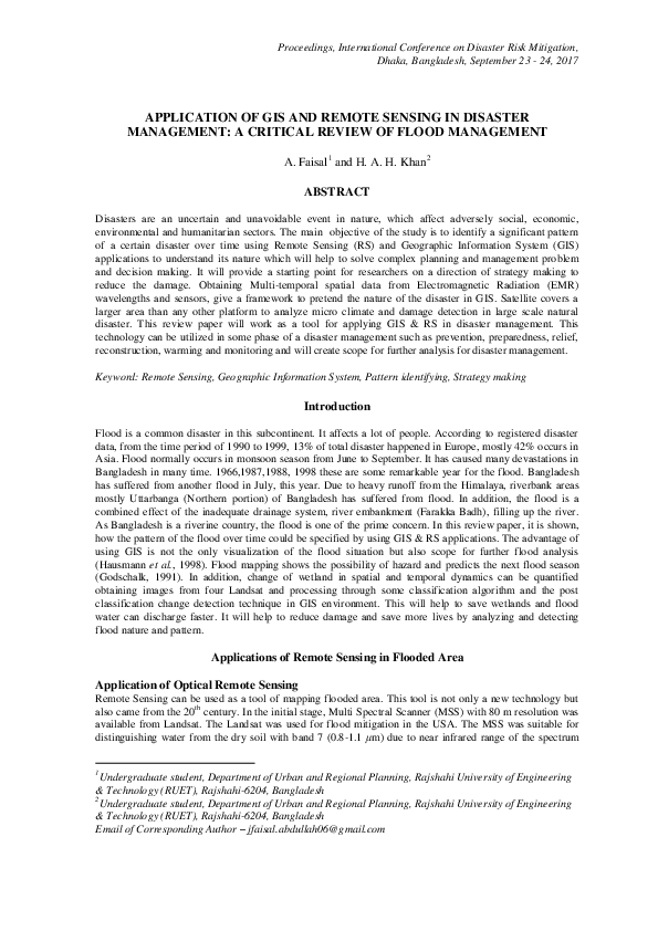 Pdf Application Of Gis And Remote Sensing In Disaster Management A