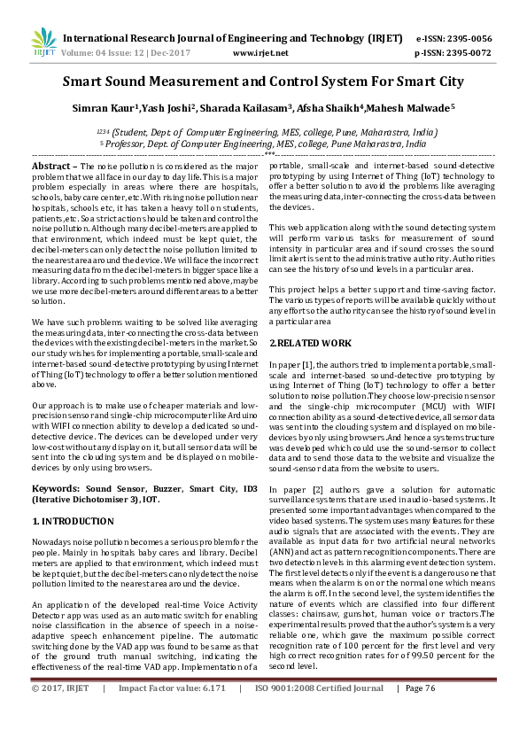 (PDF) Smart Sound Measurement and Control System For Smart City