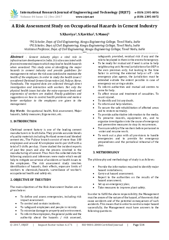 (PDF) A Risk Assessment Study on Occupational Hazards in Cement