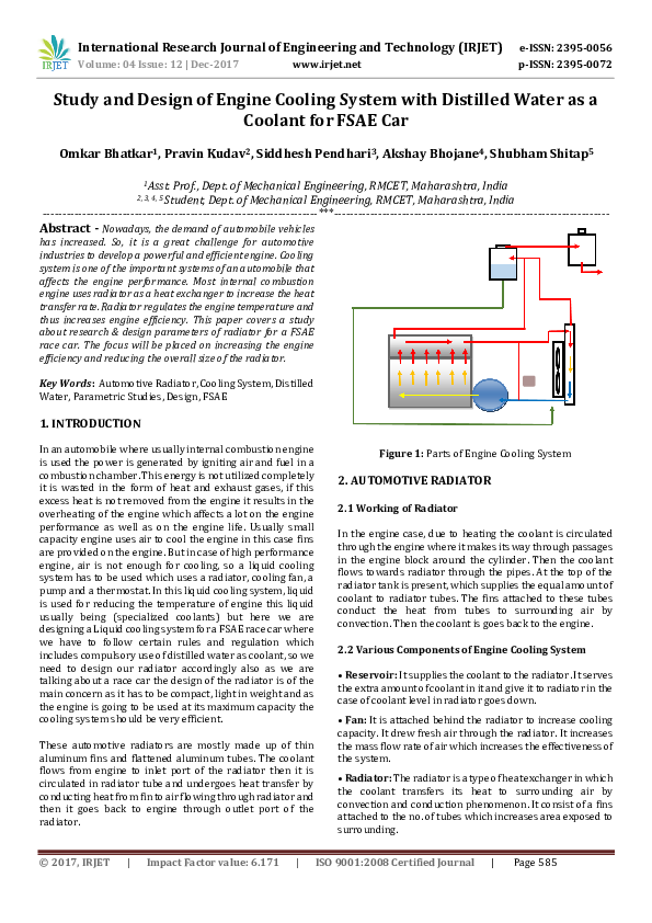 (PDF) Study and Design of Engine Cooling System with Distilled Water as