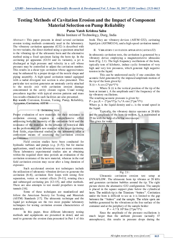 (PDF) Testing Methods of Cavitation Erosion and the Impact of Component ...