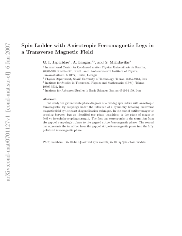 (PDF) Spin ladder with anisotropic ferromagnetic legs in a transverse ...