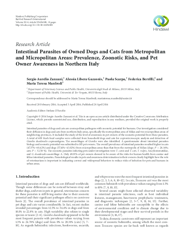 (PDF) Intestinal Parasites of Owned Dogs and Cats from Metropolitan and ...