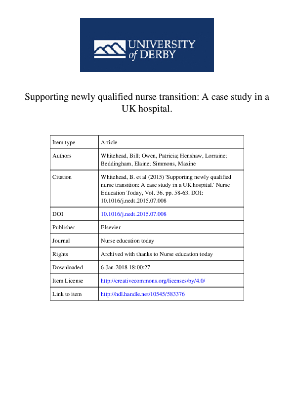 (PDF) Supporting newly qualified nurse transition A case study in a UK hospital. Item type (PDF) Supporting newly qualified nurse transition A case study in a UK hospital. Item type