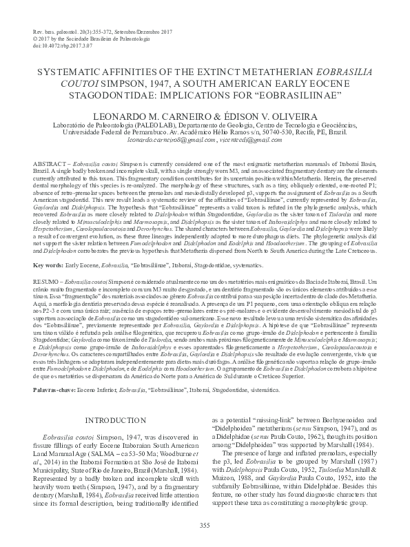 (PDF) Systematic affinities of the extinct metatherian Eobrasilia