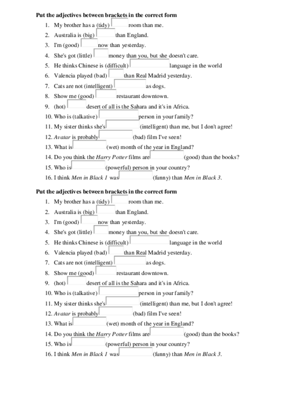 (DOC) Put the adjectives between brackets in the correct form