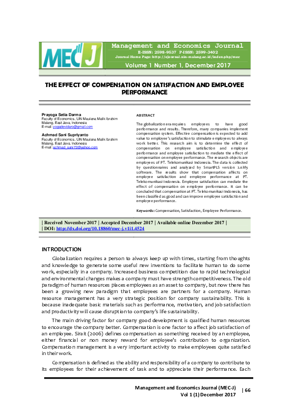 (PDF) THE EFFECT OF COMPENSATION ON SATISFACTION AND EMPLOYEE PERFORMANCE