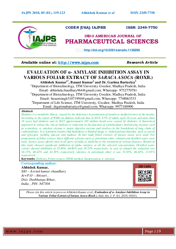 (PDF) EVALUATION OF α-AMYLASE INHIBITION ASSAY IN VARIOUS FOLIAR ...