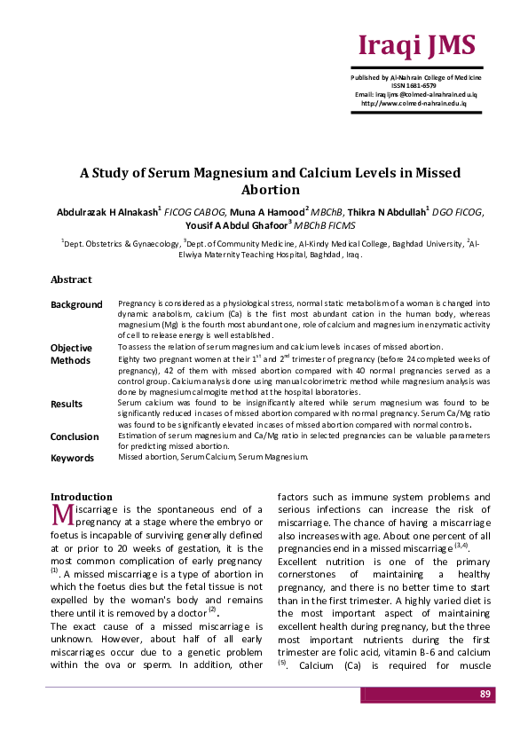(PDF) A Study of Serum Magnesium and Calcium Levels in Missed Abortion