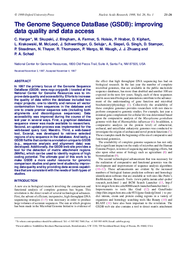 (PDF) The Genome Sequence DataBase (GSDB): improving data quality and ...