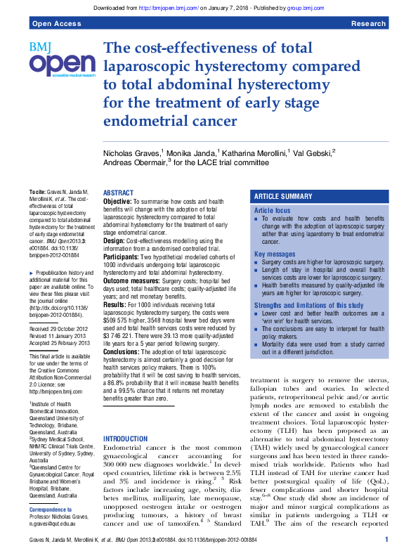 (PDF) The cost-effectiveness of total laparoscopic hysterectomy ...