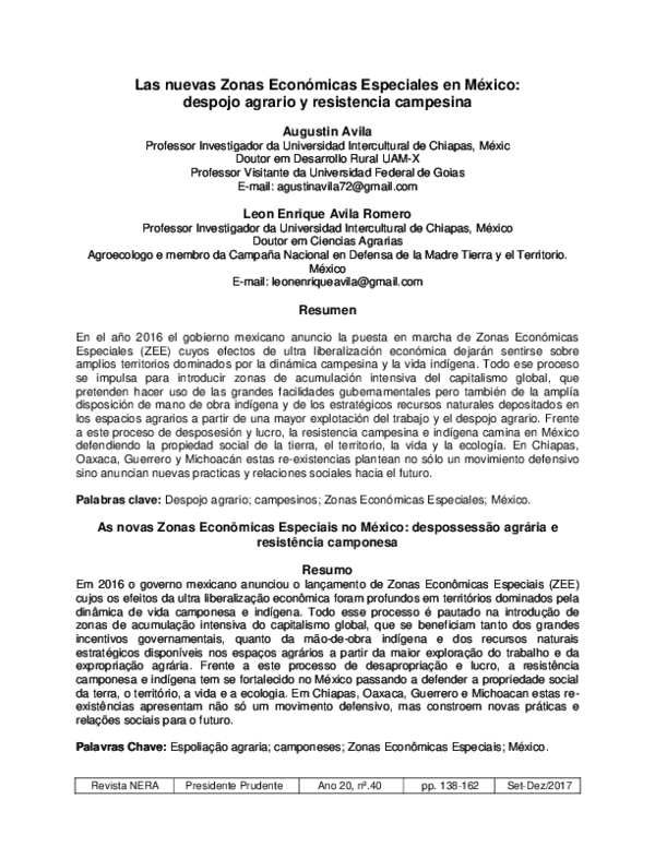 (PDF) Las nuevas Zonas Económicas Especiales en México: despojo agrario ...