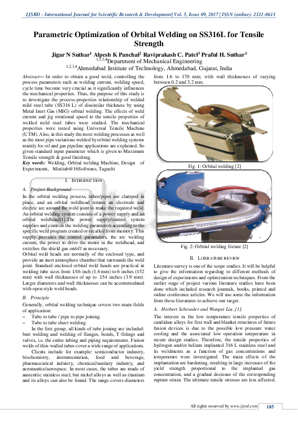 (PDF) Parametric Optimization of Orbital Welding on SS316L for Tensile