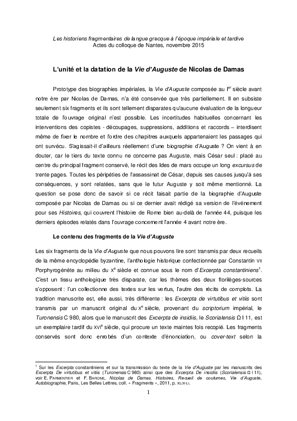 (PDF) Nicolaus of Damascus’ Life of Augustus Unity and dating of the