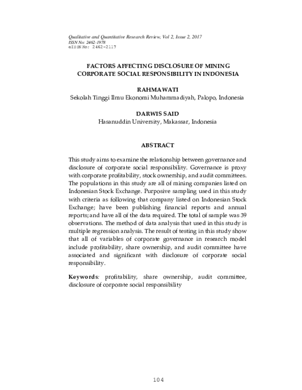 (PDF) FACTORS AFFECTING DISCLOSURE OF MINING CORPORATE SOCIAL ...