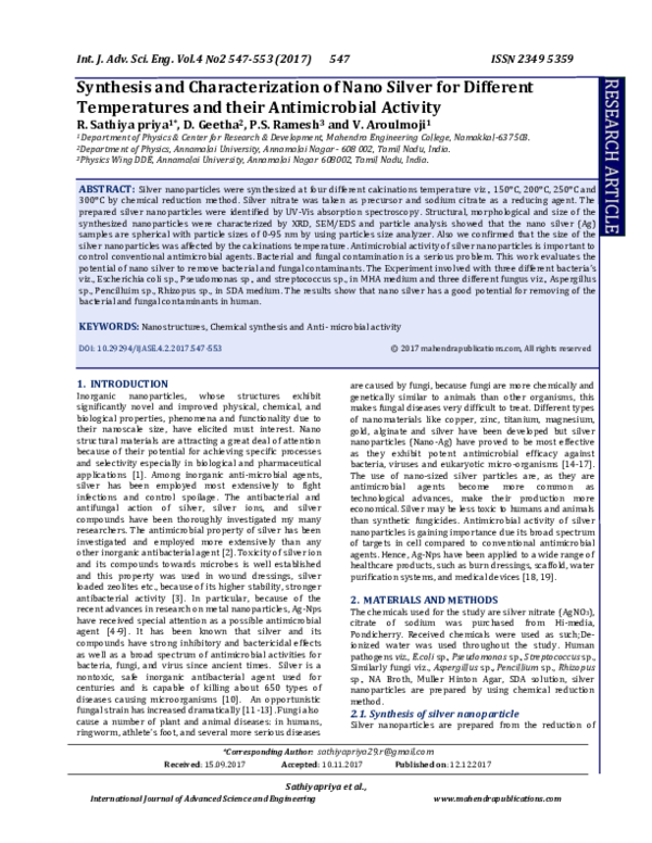 (PDF) Synthesis and Characterization of Nano Silver for Different ...