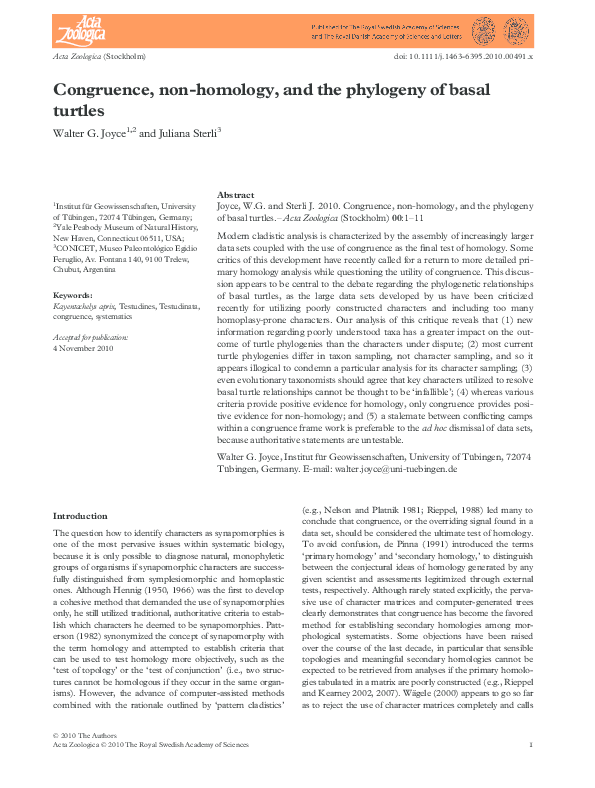(PDF) Congruence, non‐homology, and the phylogeny of basal turtles