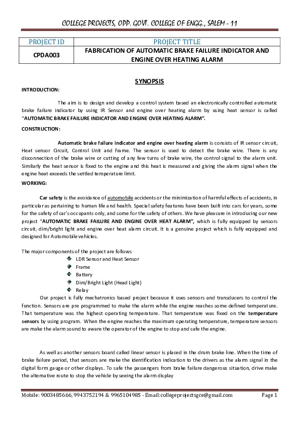 (DOC) CPDA003 FABRICATION OF AUTOMATIC BRAKE FAILURE INDICATOR AND