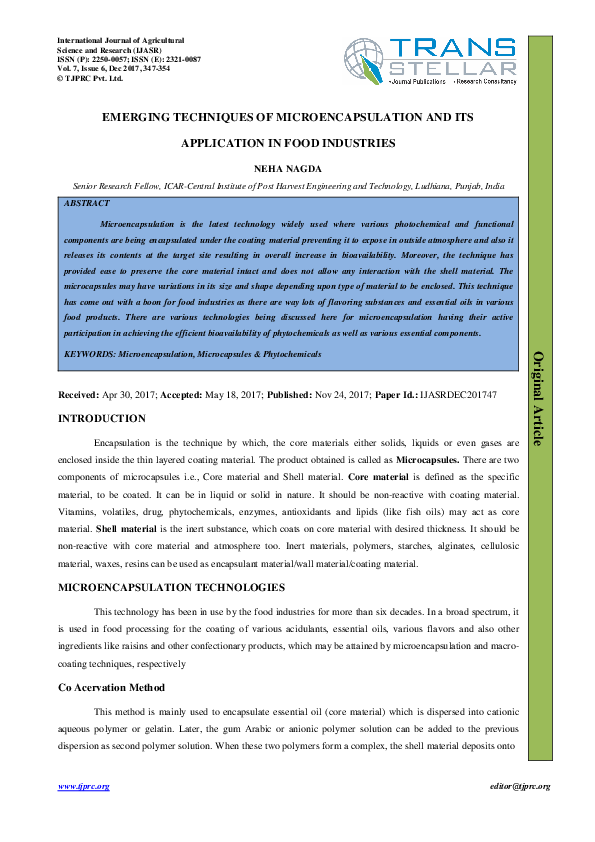 (PDF) EMERGING TECHNIQUES OF MICROENCAPSULATION AND ITS APPLICATION IN ...