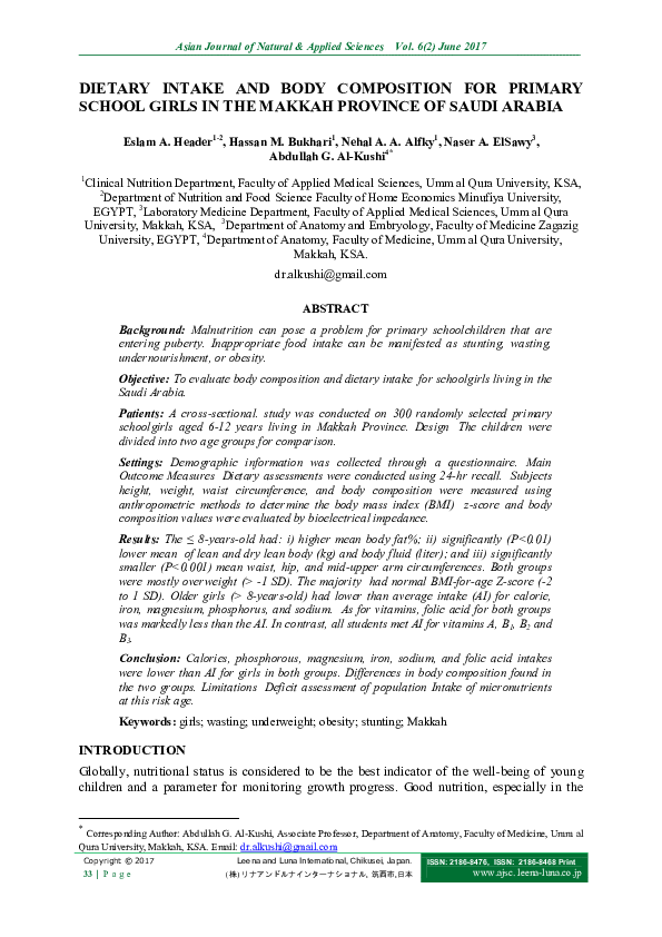 Pdf Dietary Intake And Body Composition For Primary School Girls In The Makkah Province Of Saudi Arabia Naser Elsawy Academia Edu