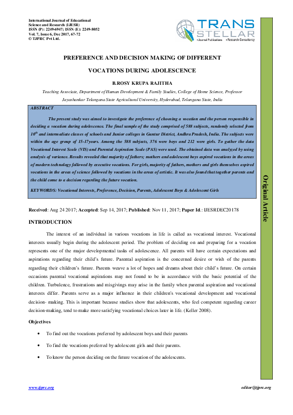 (PDF) PREFERENCE AND DECISION MAKING OF DIFFERENT VOCATIONS DURING ...