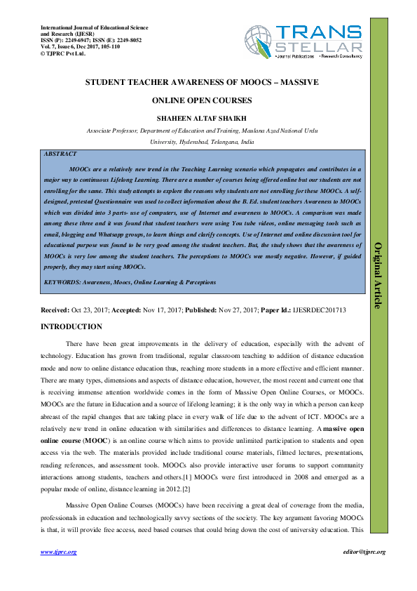 (PDF) STUDENT TEACHER AWARENESS OF MOOCS – MASSIVE ONLINE OPEN COURSES