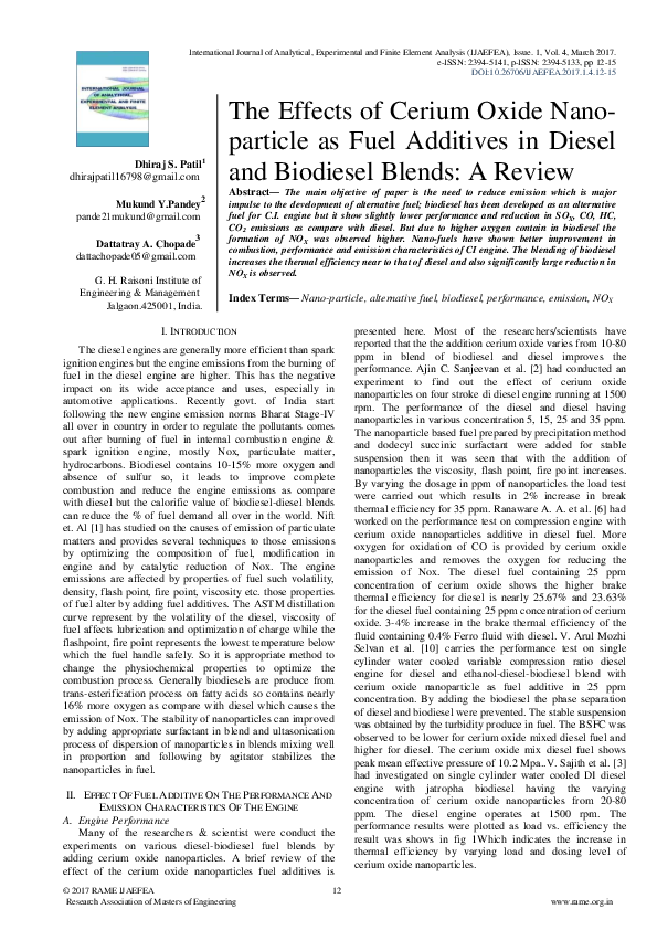 (PDF) The Effects of Cerium Oxide Nanoparticle as Fuel Additives in