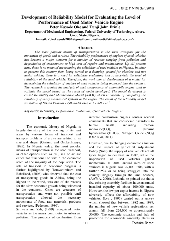 (PDF) Development of Reliability Model for Evaluating the Level of ...