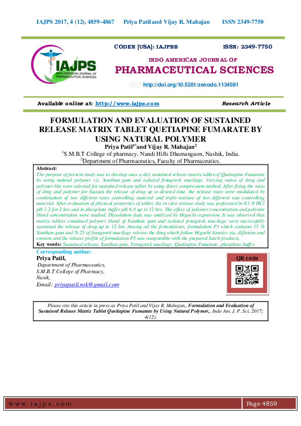(PDF) FORMULATION AND EVALUATION OF SUSTAINED RELEASE MATRIX TABLET ...
