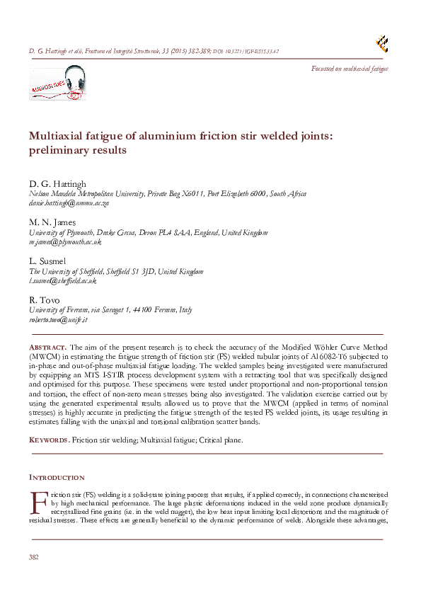 (PDF) Multiaxial fatigue of aluminium friction stir welded joints ...