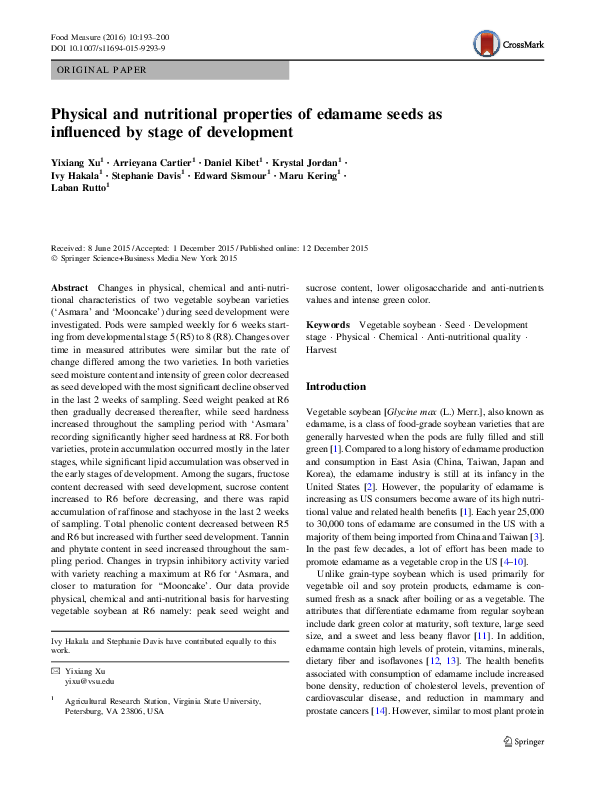 (PDF) Physical and nutritional properties of edamame seeds as