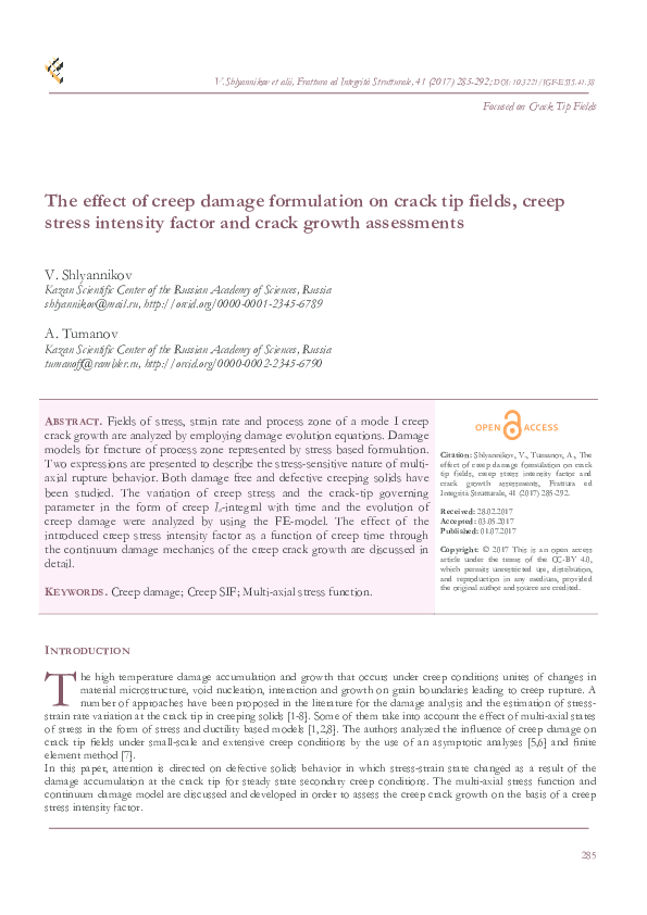 (PDF) The effect of creep damage formulation on crack tip fields, creep ...