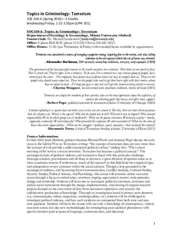 Pdf Topics In Criminology Terrorism Miami University