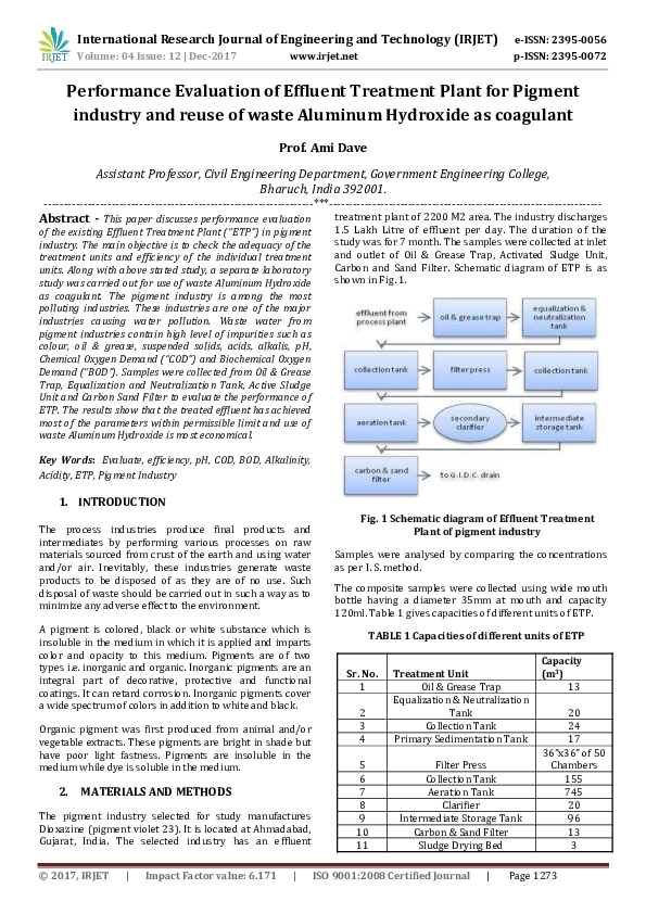 (PDF) Performance Evaluation of Effluent Treatment Plant for Pigment ...