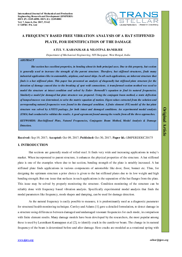 (PDF) A FREQUENCY BASED FREE VIBRATION ANALYSIS OF A HAT STIFFENED ...
