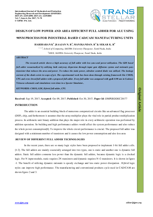 (PDF) DESIGN OF LOW POWER AND AREA EFFICIENT FULL ADDER FOR ALU USING ...