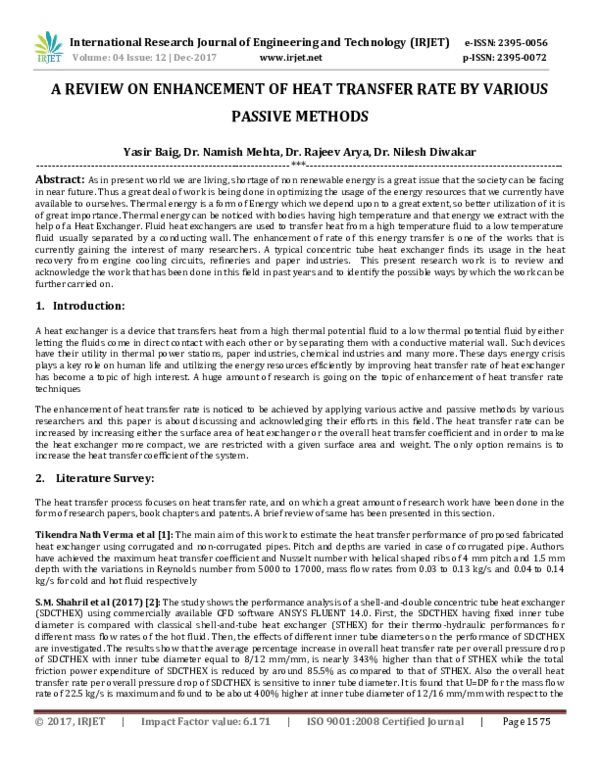 (PDF) A REVIEW ON ENHANCEMENT OF HEAT TRANSFER RATE BY VARIOUS PASSIVE ...