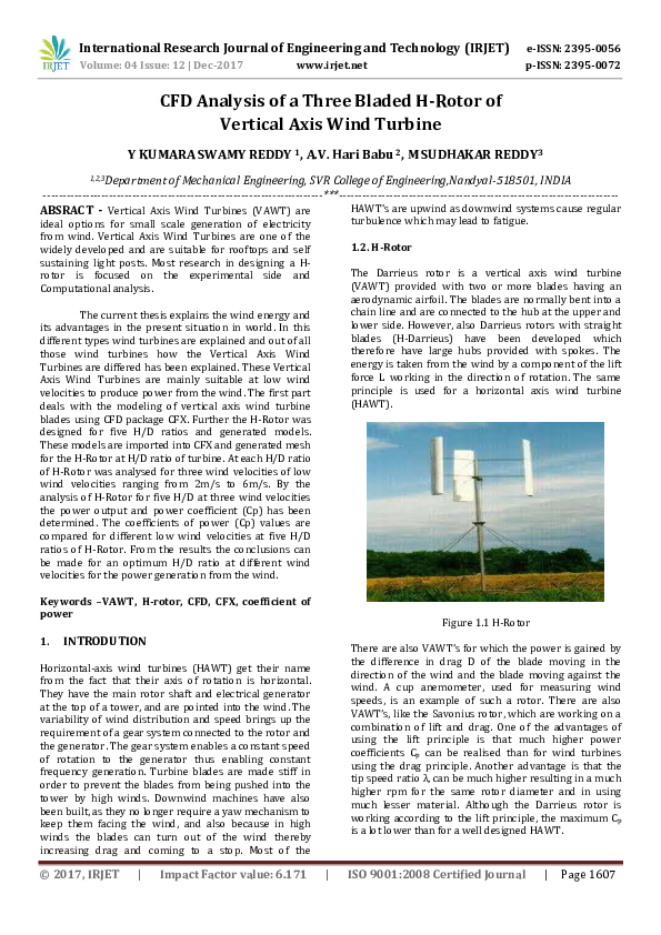 (PDF) CFD Analysis of a Three Bladed H-Rotor of Vertical Axis Wind Turbine